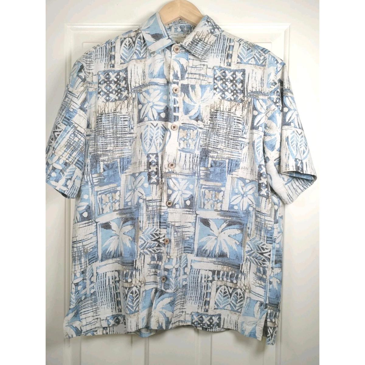 Caribbean Pure Silk Mens Medium Blue Patchwork Tropical Palm Tree Hawaiian Shirt